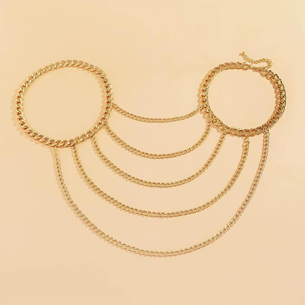 Women Gold Layered Body Chain Jewelry Multi Row Shoulder Necklace Choker - Picture 5 of 7